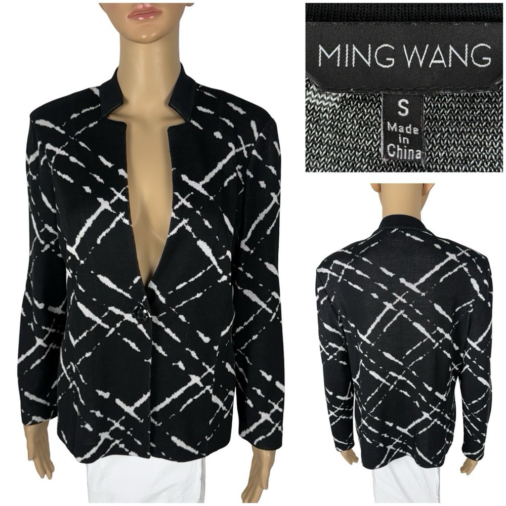 Ming Wang Womens Small Cardigan Sweater Black White Knit Jacket Acrylic EUC